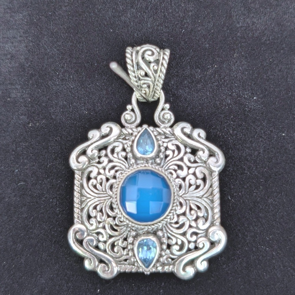 Sarda 925 Sterling Silver Blue Chalcedony Topaz Filigree Pendant